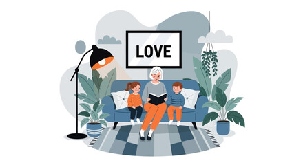 Adobe illustrator artwork vector illustration of a mom reading a book to her two children on a sofa, emphasizing family bonding and cozy home moments. Perfect for educational, parenting, or lifestye