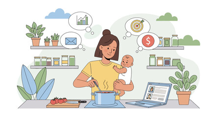 Adobe illustrator artwork vector illustration of a multitasking mom cooking in the kitchen while holding her baby, managing home and work. Perfect for themes of working mothers  and balancing life
