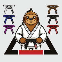 Sloth mascot using Gi White kimono and black belt, representing Brazilian Jiujitsu Martial Art Sport
