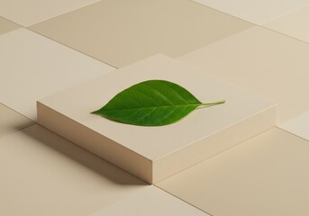 A single green leaf rests on a light beige square platform against a matching background