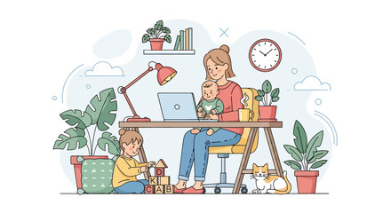Adobe illustrator artwork vector illustration of a woman working from home on her laptop while holding her baby, with another child nearby. Emphasizes modern challenges of remote work and childcare.