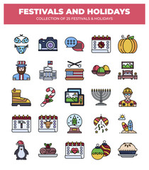 Collection of 25 Festivals and Holidays. Colorful Icons and Events