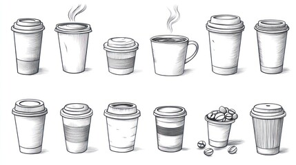 Various coffee cups in grayscale