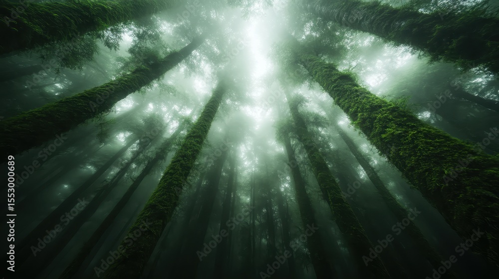 Poster a stunning view of tall trees enveloped in dense fog, creating an ethereal atmosphere that emphasize