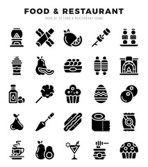 Food and Restaurant Glyph icons collection. 25 icon set in a Glyph design.