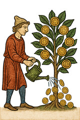 A man waters a money tree with coins, symbolizing investment growth or financial prosperity. Medieval manuscript style, conceptual image. Isolated on transparent background.