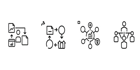 Minimal black and white icon depicting a user-centered data flow between charts and documents, ideal for dashboards, analytics tools, and project management systems