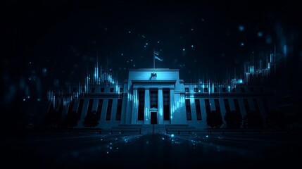 Federal building with stock market price chart displayed on a dark blue background.
