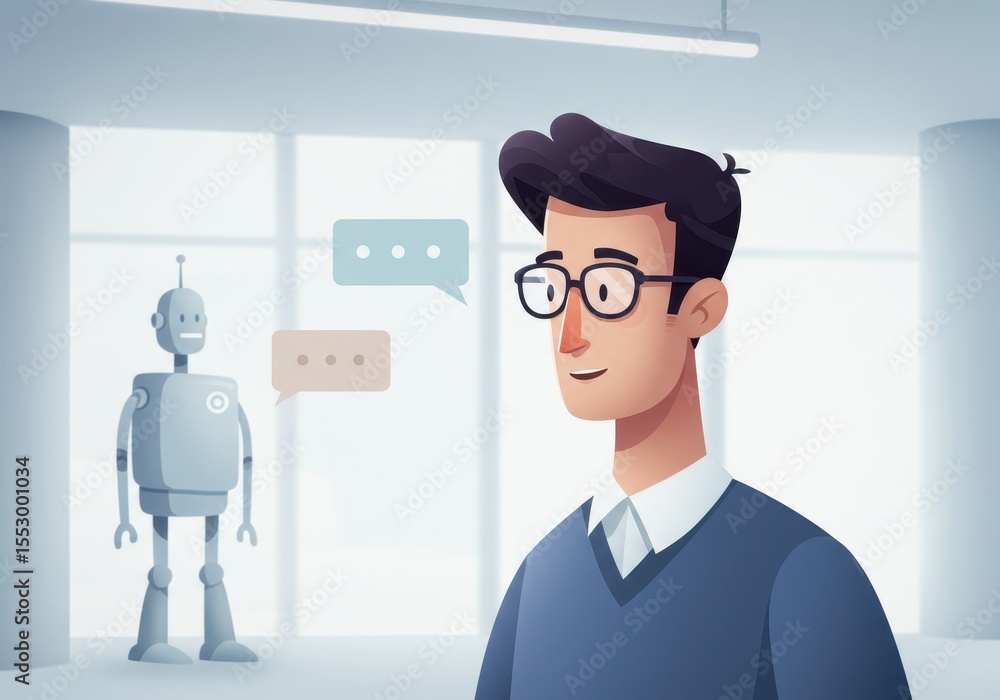 Poster man and robot communicate with speech bubbles in an office setting