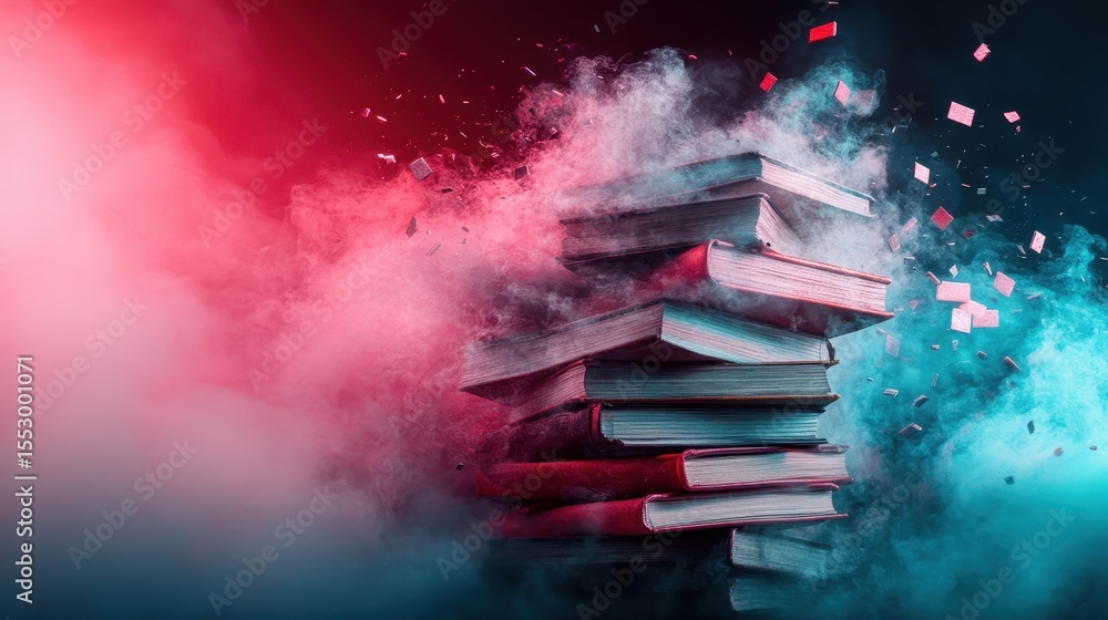 Poster a vibrant stack of books appears to explode into colorful particles against a dark backdrop, symboli