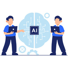 Collaborative AI Concept Featuring Professionals Discussing Ideas with Futuristic Brain Visualization