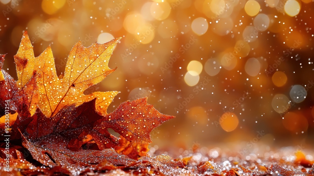 Poster this striking close-up image features vibrant autumn leaves adorned with water droplets, creating a 