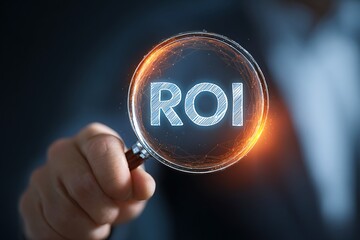 High quality photo of businessman holding a magnifying glass with the word "ROI" over a holographic digital background, close-up view on the hand and a glowing light effect. Digital.