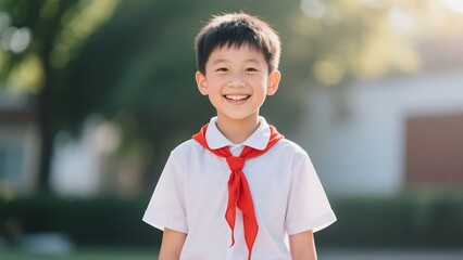 A little boy from the Chinese Young Pioneers is smiling.