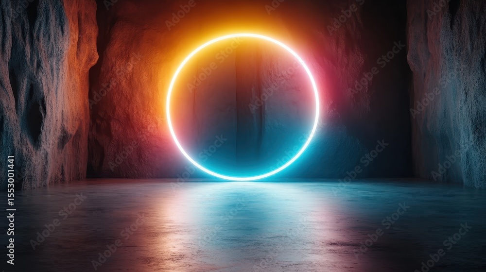 Poster an illuminated neon circle stands out in a dark, textured environment, combining abstract artistry w
