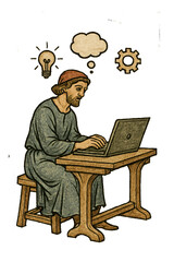 A man works at a desk with a laptop, surrounded by idea icons, symbolizing creativity and productivity. Medieval manuscript style, conceptual image. Isolated on transparent background.