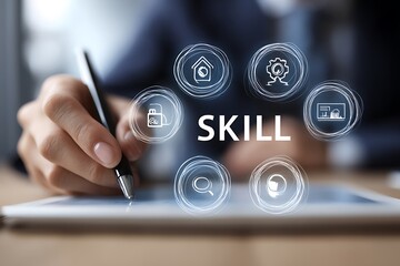 High quality photo of business professional using an online training platform with icons for skills and writing the word "SKILL". The focus is on skill development, highlighting key.