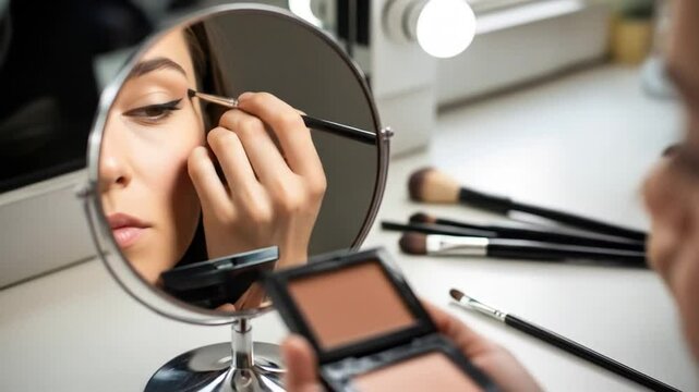 Woman applying eyeliner with makeup mirror