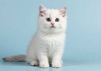 Fototapeta premium Adorable white kitten sitting on a light blue background looks at the camera