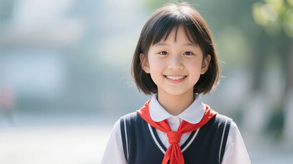 A little girl from the Chinese Young Pioneers is smiling.