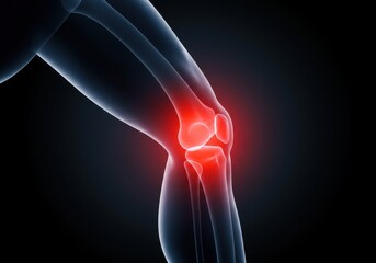 Human knee joint illustration with red pain indication on dark background