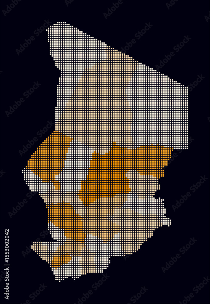 Poster chad dotted map. digital style map of the country on a dark background. chad shape with square dots.