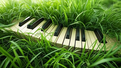 White Keys Rising from Lush Green Ground