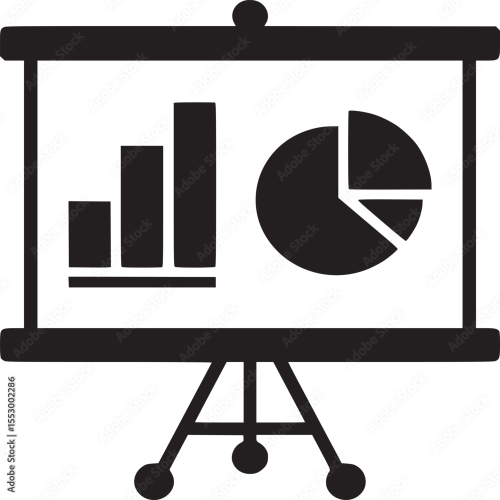 Poster presentation board displaying a bar chart and pie chart in black and white simple graphic style