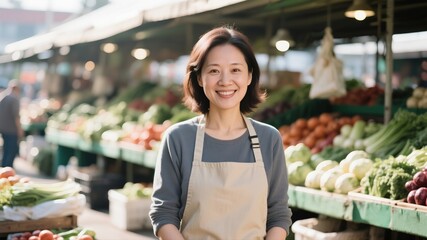 An Asian woman selling vegetables smiles