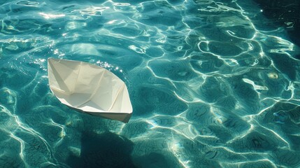 White paper boat gliding on tranquil water surface.