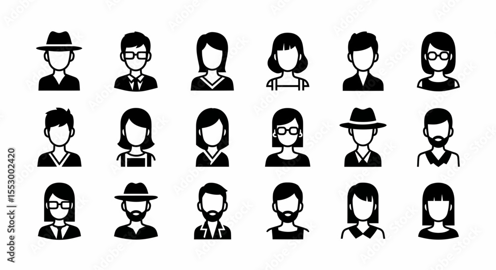 Poster collection of 24 simple black and white user profile icons ideal for websites and applications