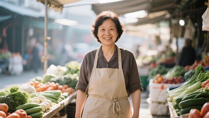 A middle-aged Asian woman selling vegetables smiles.