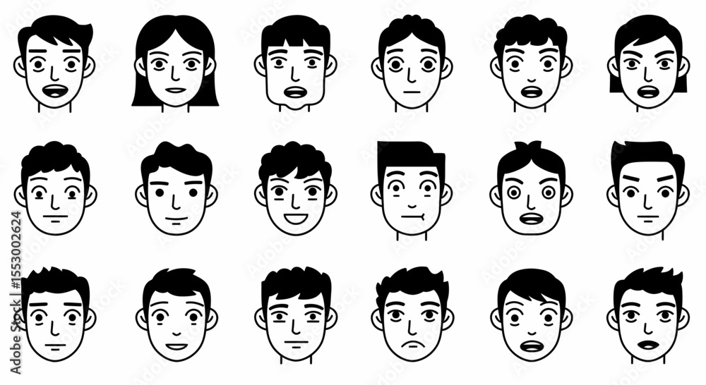 Poster diverse collection of simple line art character faces icons for web, app, and design projects
