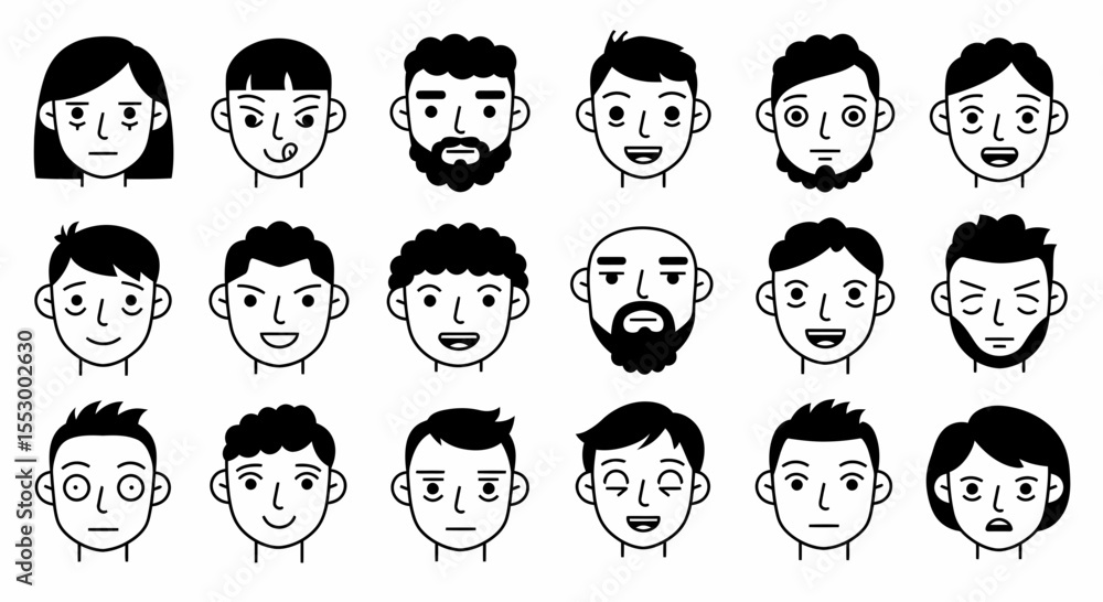 Poster diverse collection of simple line art faces a set of 18 unique headshots for design projects