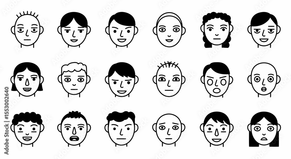 Poster collection of diverse simple line art faces vector illustrations for design projects