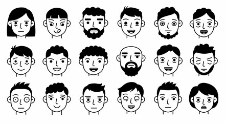 Diverse Collection of Simple Line Art Faces  A Set of 18 Unique Headshots for Design Projects
