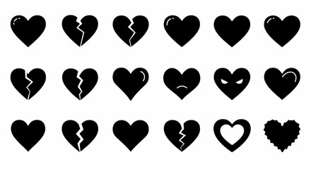Collection of Black Heart Icons Whole, Broken, Angry, Sad - Vector Graphics