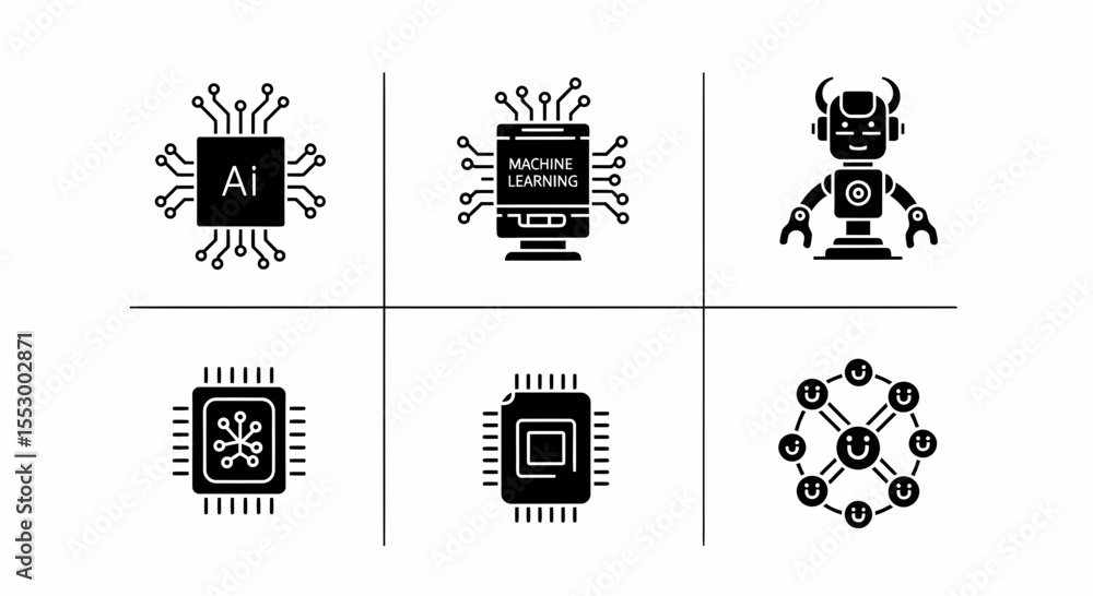 Poster artificial intelligence and machine learning icon set ai processors, robots, and networked systems