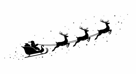 Naklejka premium Silhouette of Santa Claus in his sleigh being pulled by four reindeer flying through a snowy sky, Christmas illustration