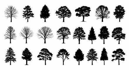 Collection of 24 Black and White Silhouettes of Various Tree Types  Perfect for Design Projects, Illustrations, and Nature-Themed Artwork