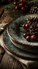 Holiday table setting with rustic plates, pine cones, and festive decorations in a cozy indoor environment