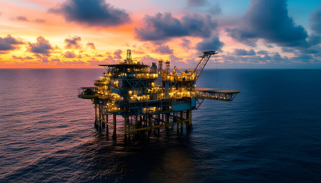 Illuminated offshore platform stands out against twilight sky - Powered by Adobe