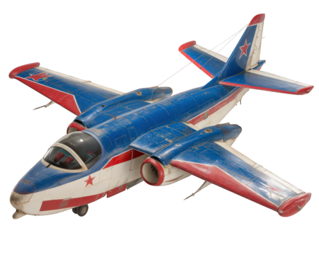 Jet aircraft blue red white isolated military aviation star symbol vintage transport with dynamic and bold appearance evokes excitement and adventure