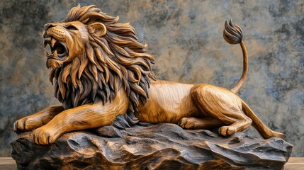 Detailed Wooden Lion Sculpture with Open Mouth and Flowing Mane, Reclining Pose