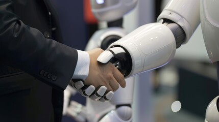 Naklejka premium Business handshake between human and robot representing artificial intelligence cooperation and partnership