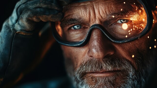 An intense close-up of an older craftsman wearing safety goggles, focused and ready to create, capturing the passion and drive behind skilled craftsmanship.