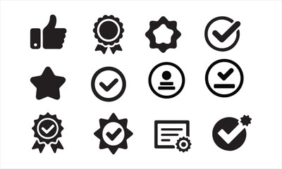 Collection of Black and White Flat Icons Representing Quality, Verification, and Approval vector art on white