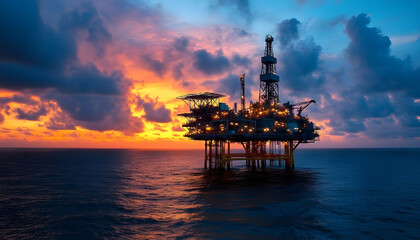 Illuminated offshore platform stands out against twilight sky