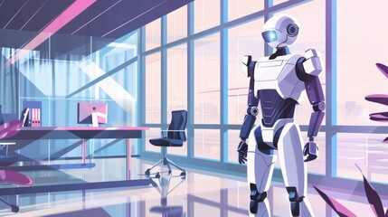 Futuristic humanoid robot in business suit holding briefcase in modern office with city skyline view. Future technology concept background
