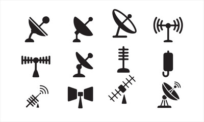 A set of black and white icons depicting different types of satellite dishes and antennas vector art on white